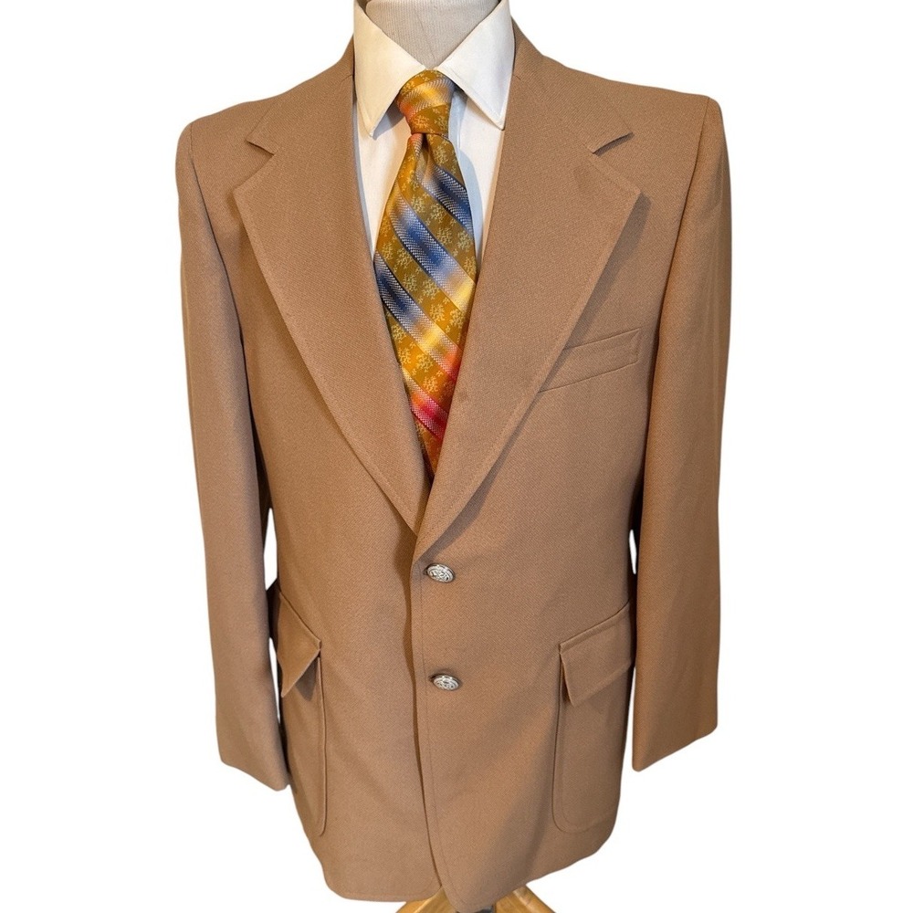Vintage Custom Tailored Sz 42R Tan Brown Silver Buttons Blazer Jacket Sport Coat